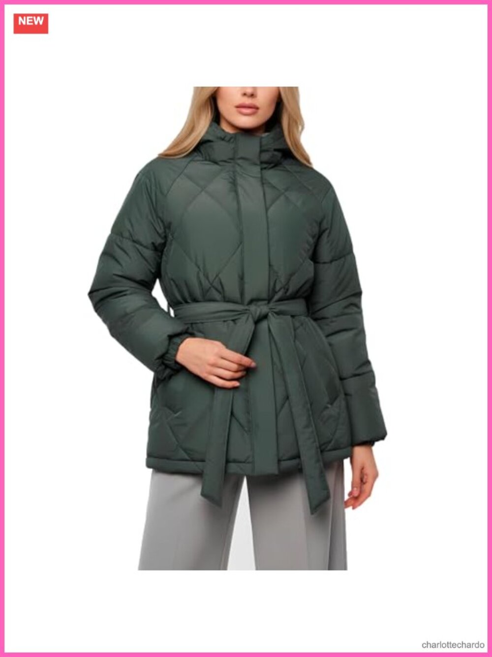 Quilted Puffer Jacket Hooded Long Sleeve Zip Up Belted Winter Coat Warm Pockets